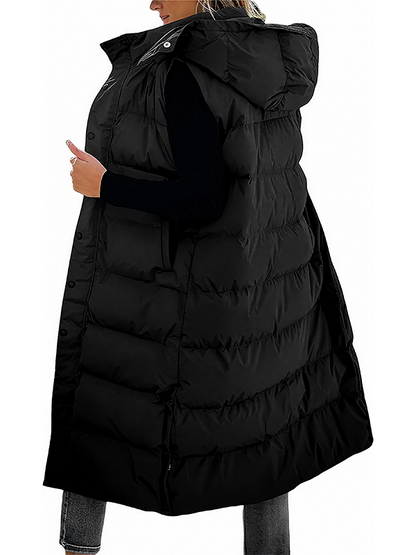 Women's Long Puffer Vest | Quilted Hood & Button Closure