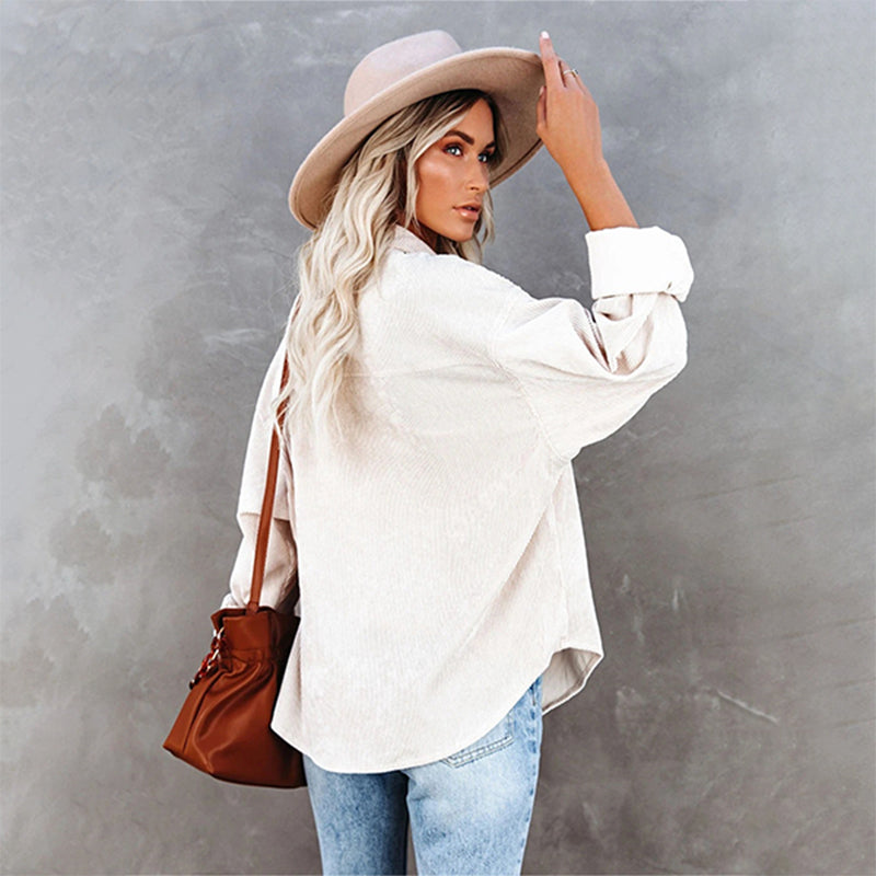 Women's Plain Pocket Button Front Corduroy Shirt