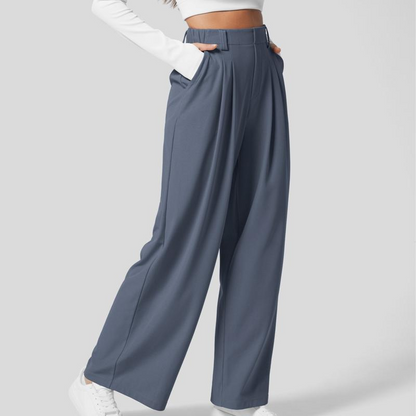 High Waisted Plicated Side Pocket Wide Leg Waffle Work Pants