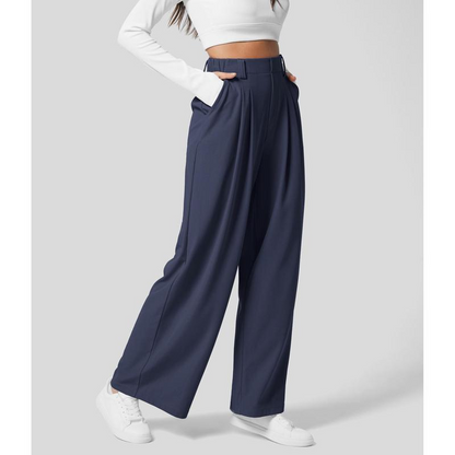 High Waisted Plicated Side Pocket Wide Leg Waffle Work Pants