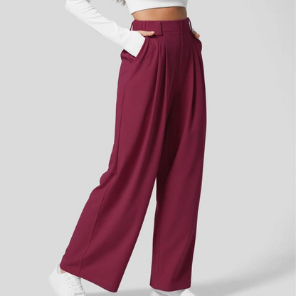 High Waisted Plicated Side Pocket Wide Leg Waffle Work Pants