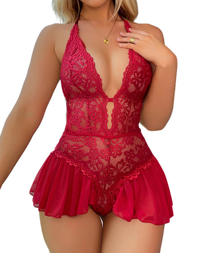 Sexy Hollow Lace See-Through Straps Crotchless Teddies&Bodysuits