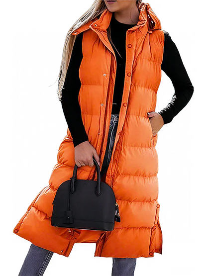 Women's Long Puffer Vest | Quilted Hood & Button Closure