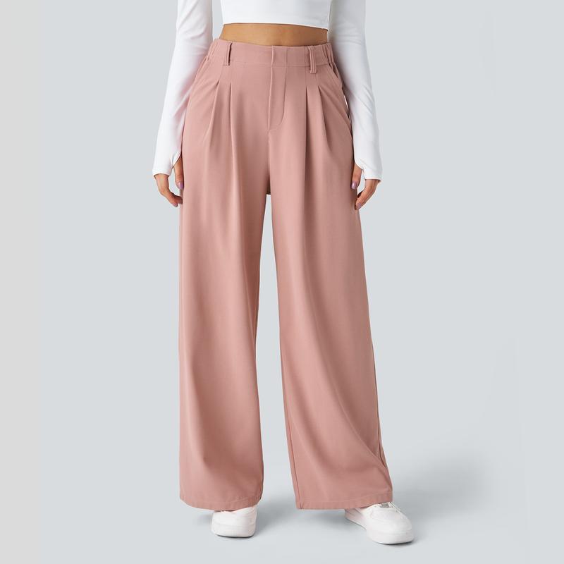 High Waisted Plicated Side Pocket Wide Leg Waffle Work Pants