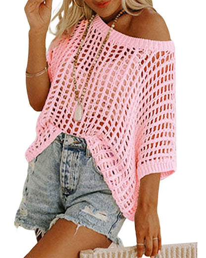 Women's Summer Short Sleeved Hollow Knitted Top Beach Wear