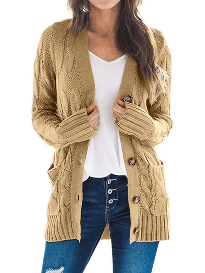 Women's Fall Casual Long Sleeve Button Down Open Front Cable Knit Cardigan