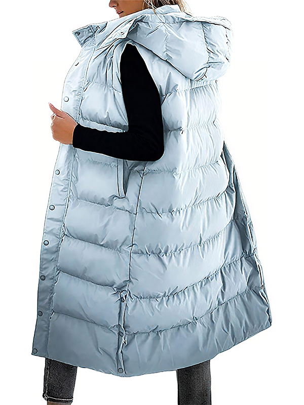 Women's Long Puffer Vest | Quilted Hood & Button Closure