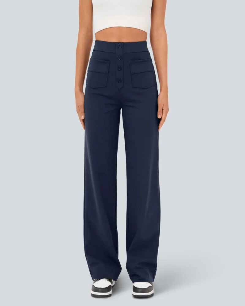 High-Waist Button Front Straight-Leg Pants