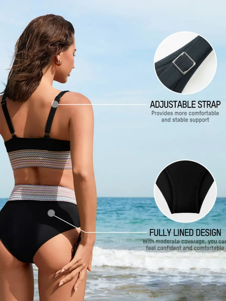 High Waisted Tummy Control Color Block Bikini Sets