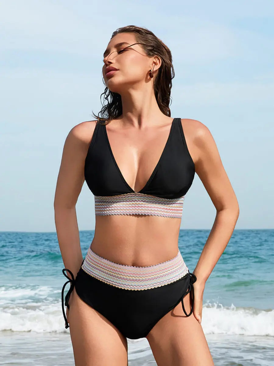 High Waisted Tummy Control Color Block Bikini Sets