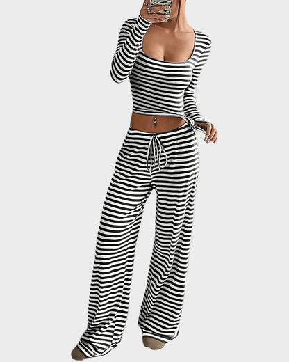 Stripe Crop Top & Wide Leg Two-Piece Lounge Set