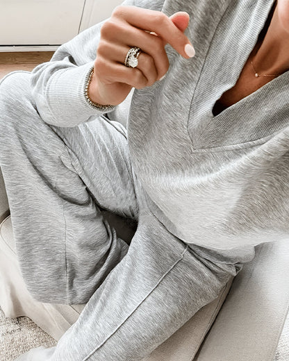 Women's Solid Color V-neck Top & Pants Two-piece Set