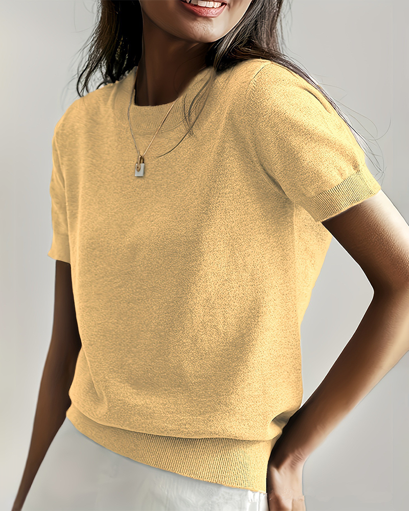 Women's Solid Color Crew Neck Short Sleeve Sweater