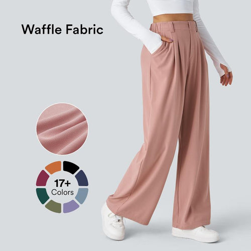 High Waisted Plicated Side Pocket Wide Leg Waffle Work Pants