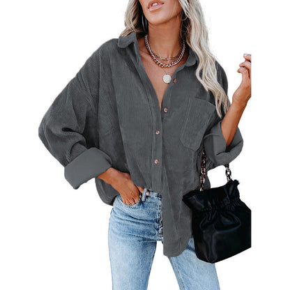 Women's Plain Pocket Button Front Corduroy Shirt