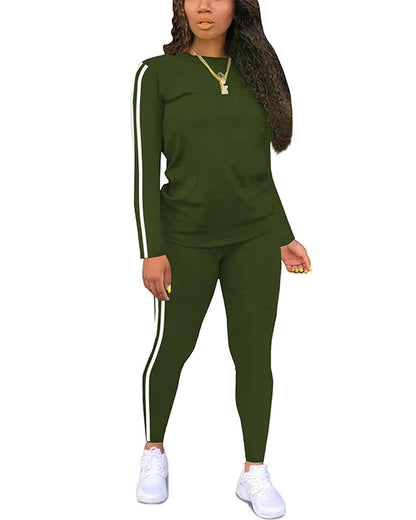 Women's Striped Print Long Sleeve Top & Pants Two-piece Set