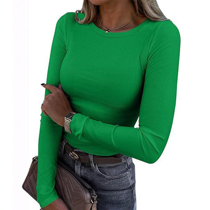 Women Long Sleeve Crewneck Rib Knit Slim Fit Shirts Basic Tee Tops